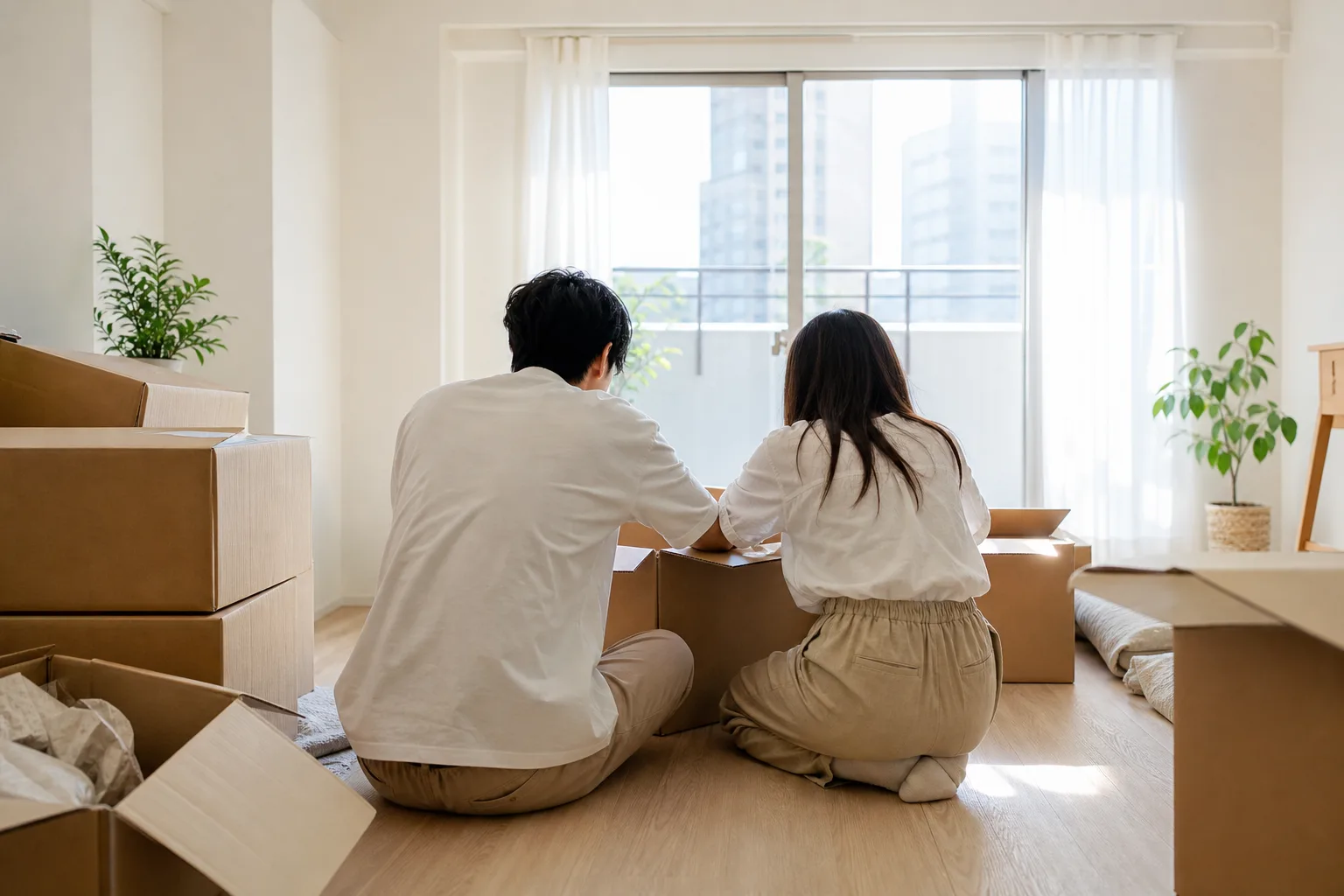 朝の光の新居で、段ボールを開ける二人の後ろ姿