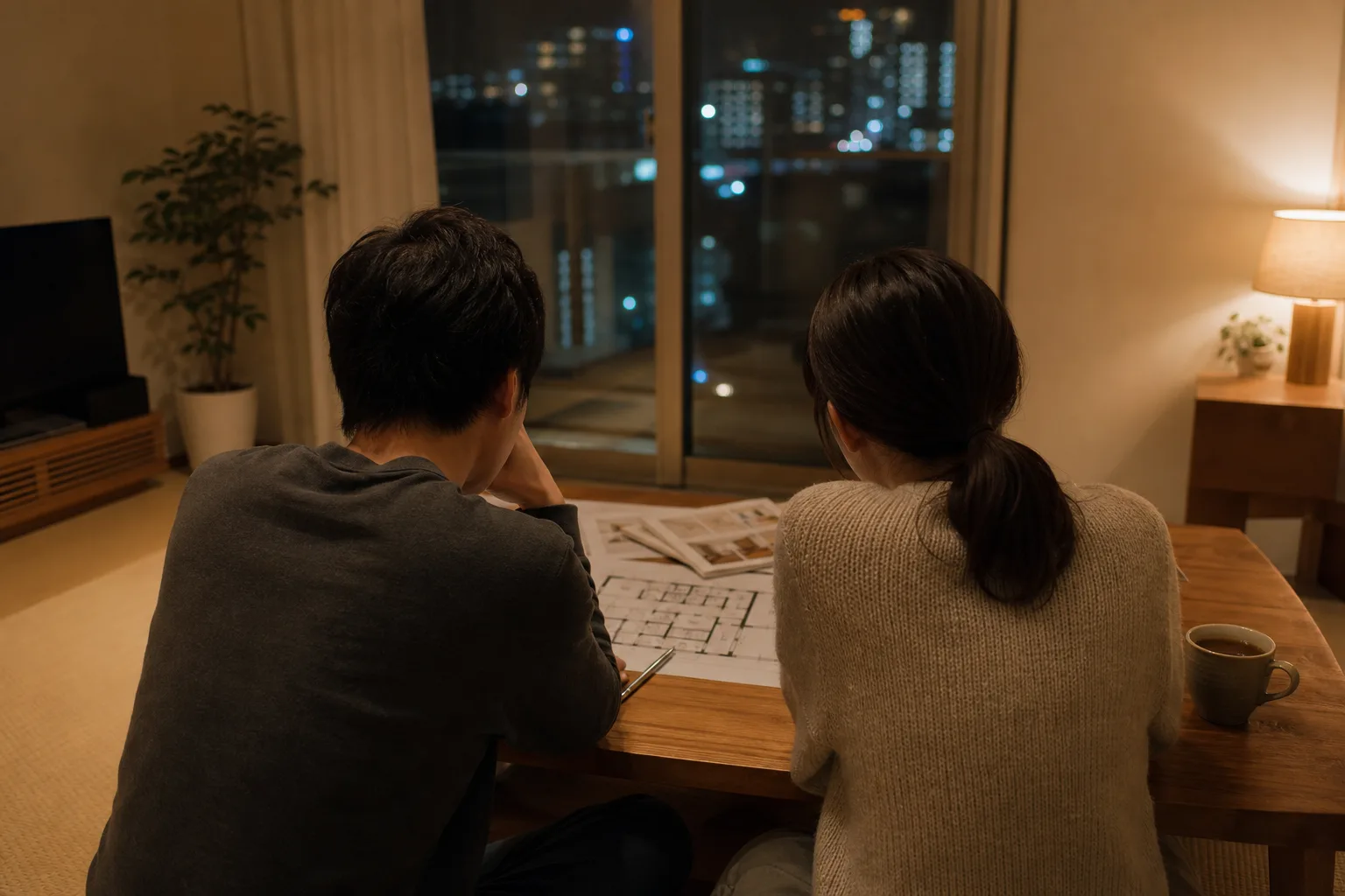 夜のリビング。あたたかい灯りの下、間取り図を一緒に見る二人の後ろ姿