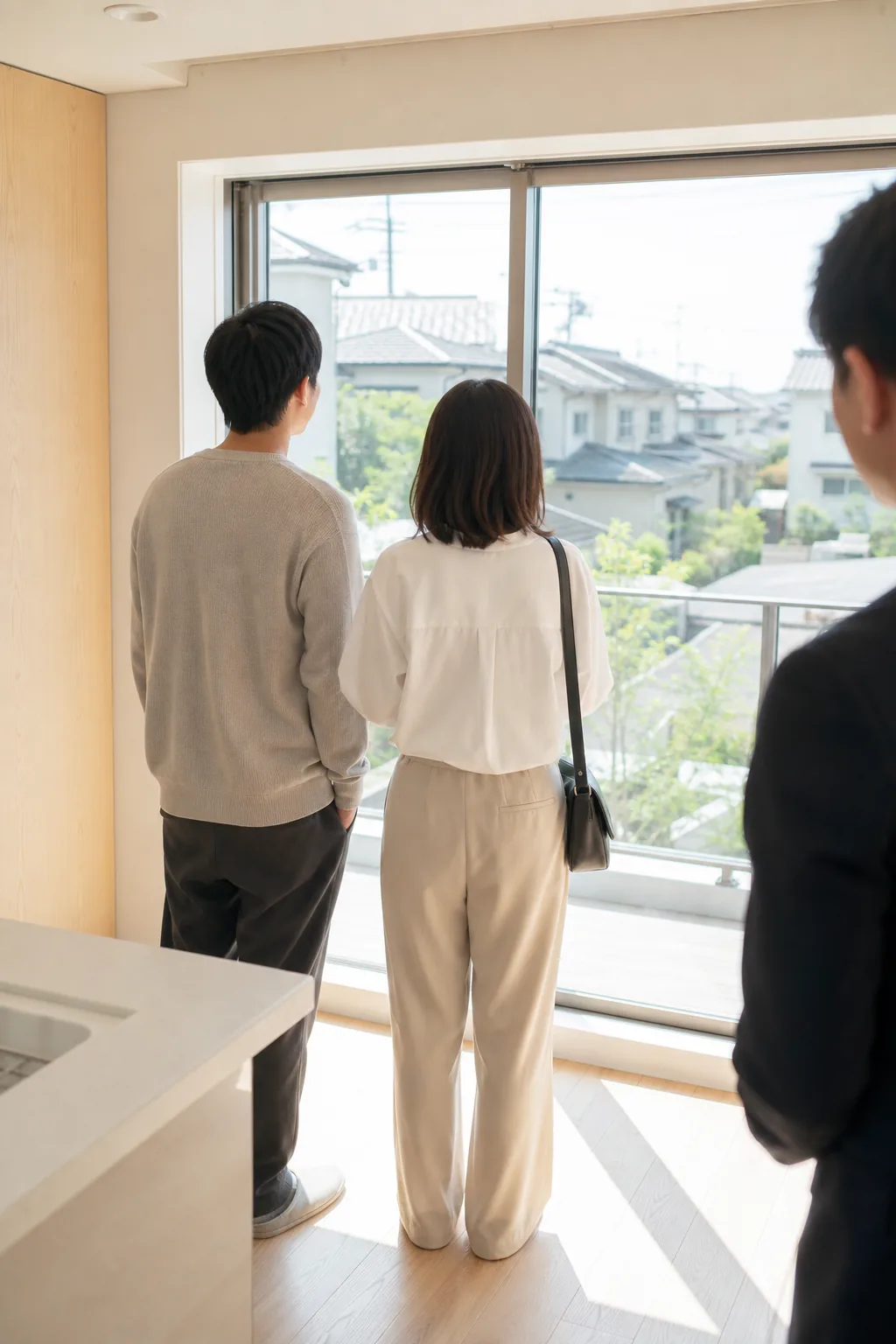 内見で窓の外の景色を眺める二人